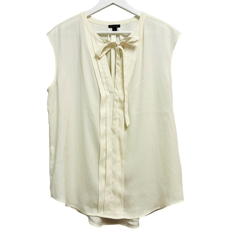Ann Taylor Blouse Womens White White Sleeveless Tie Neck Pleated Office Top
